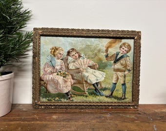 Antique Framed Victorian Children Print..."A Warm Day". Leon Girardet. 1800's. Ornate Gold Hardwood Frame. Gallery Wall.