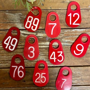 Vintage Numbered Plastic Cow Tag…Red. White. Farm. Bovine. Barn. Barnyard. Country. Livestock. Cattle. Farming. Identification. ID Tag. Cows