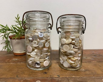 Vintage Glass Button Jar…One. Old. Retro. Canning. Farmhouse. Cottage. Neutral Decor. White. Cream. Clear. Wire Bale. Glass Lid. Buttons.