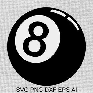 May include: Black and white illustration of a billiard ball with the number 8 on it.