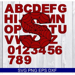 Może przedstawiać: Czerwone litery i cyfry alfabetu z dużą czerwoną literą S w środku. Litera S ma wzór pajęczyny.