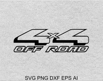 May include: Black and white graphic design of the text "4x4 Off Road" with a stylized design of the number four.