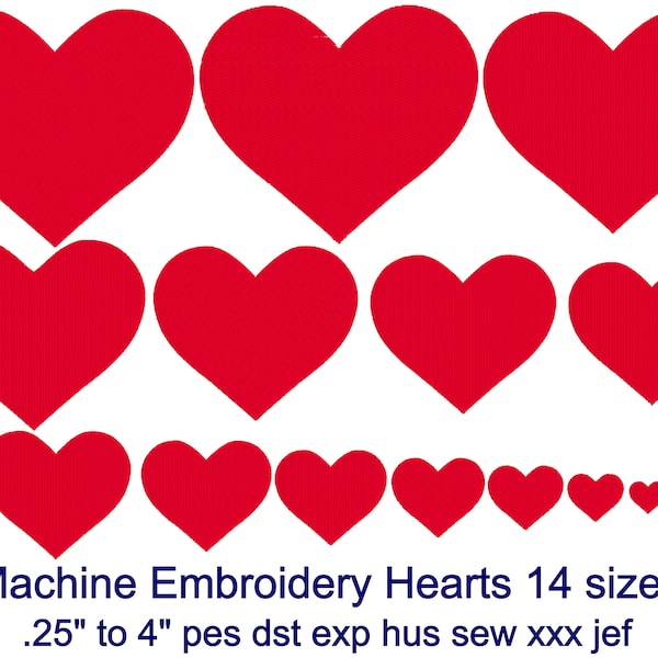 Machine Embroidery Design; Hearts, 15 sizes .25" to 4" Seven Formats, Embroidery Files, pes hus jef sew exp xxx dst