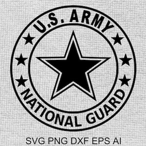 May include: Black and white graphic design of a circle with the text "U.S. ARMY NATIONAL GUARD" and a five-pointed star inside. The circle has five stars around the outer edge.