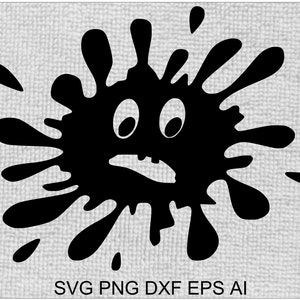 May include: Black and white silhouette of a splattered paint splatter with a cartoon face. The face has two large eyes and a wide mouth.