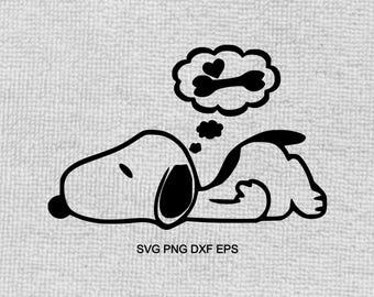 May include: Black and white illustration of a sleeping dog dreaming of a bone. The dog is lying on its side with its head resting on its paws. A thought bubble above the dog's head shows a bone with two hearts.