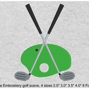 May include: Machine embroidery design of a golf green with two crossed golf clubs and a golf ball. The design is available in four sizes: 2.5 inches, 3 inches, 3.5 inches, and 4 inches. It is available in eight formats.