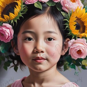 Asian Girl Summer Flower Print, Asian Girl Room Decor, Floral Digital Download, Bright Summer Flower Portrait, Kids Wall Art Print