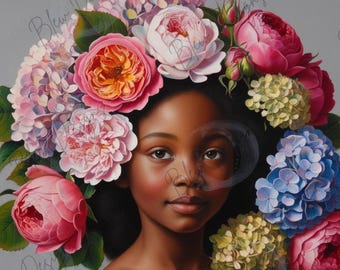 Black Girl Print, Nursery Wall Art, African American Girl Room Decor, Floral Digital Download, Gray Flower Portrait, Kids Wall Art Print