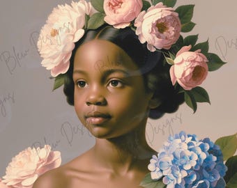 Black Girl Print, Nursery Wall Art, African American Girl Room Decor, Floral Digital Download, Gray Flower Portrait, Kids Wall Art Print