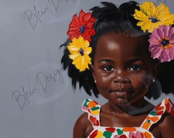 Black Girl Print, Nursery Wall Art, African American Girl Room Decor, Floral Digital Download, Gray Flower Portrait, Kids Wall Art Print