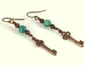 Long Dangle Earrings of Green Chrysocolla Gemstone Beads and Natural Brass Key Charms, Gift Idea for Her, Birthday Gift