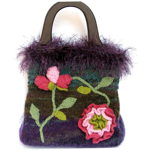 Purse Carpet Bag Style Knitted Felted Purse of Heathered Violet Green and Teal with Knitted Pink Roses, Lined Felted Wool Handbag, Gift Idea