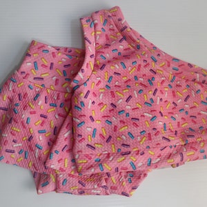 High waist Baby Sk. Shorts w Matching Bow and Crop top, Baby Bummies, Bloomers, Girl, Diaper cover, Summer Pink Donut Sprinkles