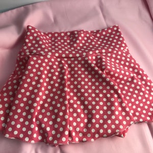 High waist Stretch Cotton Baby Sk. Shorts w Matching Bow Baby Bummies, Bloomers, Girl, Diaper cover, Pink with White Polka Dots Rolled Hem