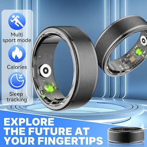 May include: Two matte black smart rings with brushed metal exteriors. The inner bands feature visible electronic sensors and green LED lights. Text on the image includes Multi sport mode, Calories, Sleep tracking, and Explore the future at your fingertips.
