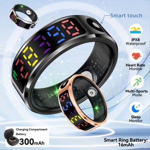 Op de afbeelding: Een zwarte en een roségouden smart ring met een digitaal display met veelkleurige cijfers. De ringen bevatten een smart touch-sensor, IPX8-waterbestendigheid, hartslagmeter, multisportmodus, slaapmonitor en een 16mAh-batterij.