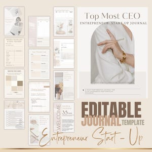 Puede incluir: Un conjunto de páginas de diario y plantillas imprimibles en tonos beige y marrón. El diario incluye secciones para la planificación semanal, los mood boards y el seguimiento de objetivos. La portada presenta el texto "Top Most CEO Entrepreneur Start-Up Journal".