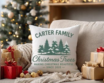 Personalized Christmas Pillow, Custom Family Name Holiday Cushion, Christmas Tree Farm House Decor, Rustic Xmas Pillow, Holiday Gift