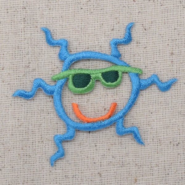 Smiling Sun with Sunglasses - Blue - Embroidered Patch - Iron on Applique