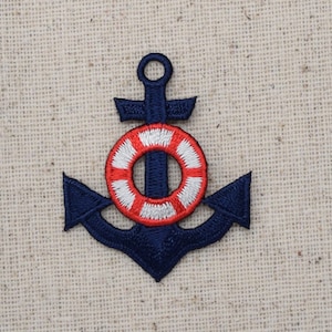 Nautisch - marineblauw anker - rood/wit reddingsvest - opstrijkbare appliqué - geborduurde patch - 21260-5-B
