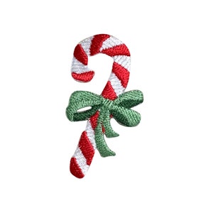 Christmas Candy Cane - Green Bow - Iron on Applique - Embroidered Patch