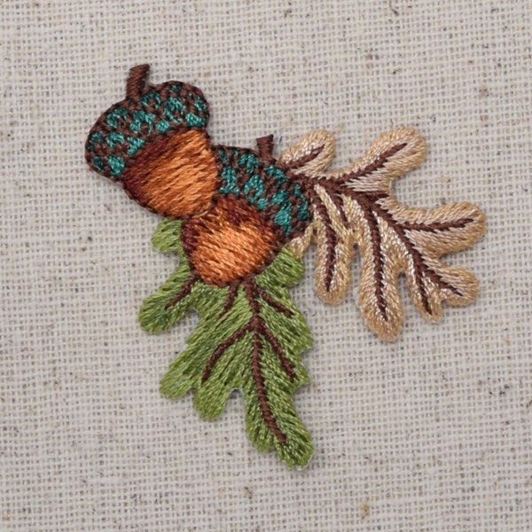 Two Acorns - Brown and Green Fall Leaves - Iron on Applique - Embroidered Patch - 1511941A