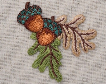 Two Acorns - Brown and Green Fall Leaves - Iron on Applique - Embroidered Patch - 1511941A