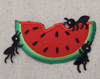 Watermelon Slice - Covered in Ants - Picnic Food - Fruit - Iron on Applique - Embroidered Patch - 681042A