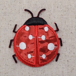 May include: A red ladybug with white spots and black legs and head, embroidered on a beige fabric.