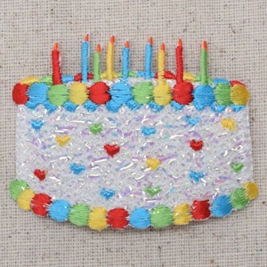 Birthday Cake with Candles - PINK or WHITE - Confetti Shimmery - Embroidered Patch - Iron on Applique - 694007