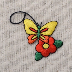 Butterfly -Yellow and Orange  - Red Daisy - Flower - Iron on Applique - Embroidered Patch - 681595B