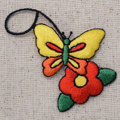 Red Daisy Flower Iron on Applique/Embroidered Patch Butterfly Yellow/Orange 