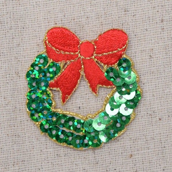 Christmas - Sequin Wreath - Green with Red Bow - Iron on Applique - Embroidered Patch - 1113726