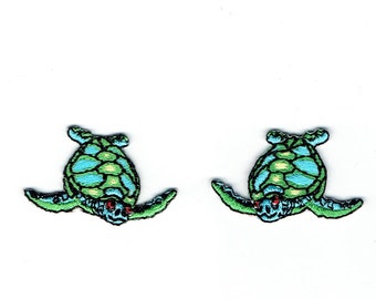 Small Mini Sea Turtle - Facing Right or Left - Blue and Green - Iron on Applique - Embroidered Patch