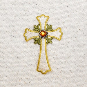 Religious Jeweled Cross Silver and Gold Iron on Applique Embroidered Patch 695660-A image 1