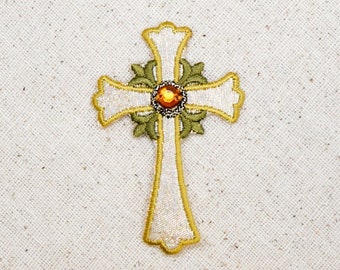 Religious Jeweled Cross - Silver and Gold - Iron on Applique - Embroidered Patch - 695660-A