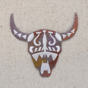 Steer Head - Cow Skull - Southwest Tribal design - Embroidered Iron on Patch