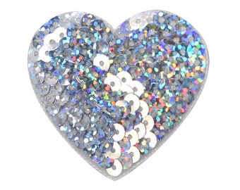 Silver Sequin Heart, Valentine, Love - Iron on Patch