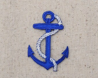 Petit - Blue Nautical Anchor - White Rope - Iron on Applique - Brodé Patch - 696501B