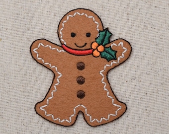 Christmas - Gingerbread Man with Holly - LARGE - Iron on Applique - Embroidered Patch - 1126224B