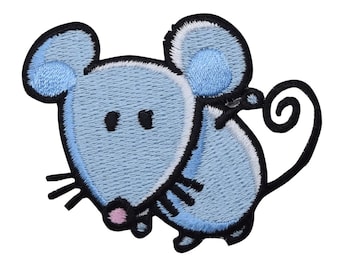 Blue Mouse with Curly Tail  - Embroidered Iron on Patch