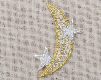 Gold Crescent Moon with Silver Stars Iron on Patch