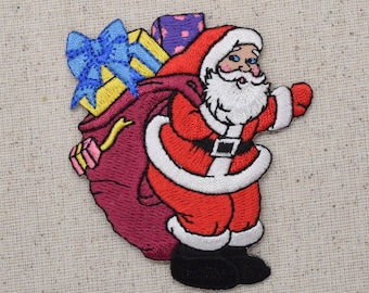 Christmas - Santa Clause - Waving - Maroon Bag and Gifts - Iron on Applique - Embroidered Patch - 795964-B