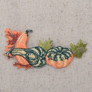 Puede incluir: Parche bordado con tres calabazas naranja y verde con hojas. Las calabazas están bordadas en un estilo realista detallado.