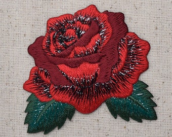 Red Rose - Open Petals - Flower - Iron on Applique - Embroidered Patch - 153102A