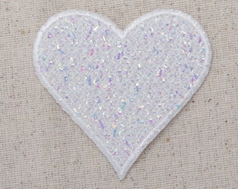 Heart - Confetti Shimmery - White - Iron On Applique - Embroidered Patch - 681878