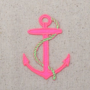 Nautical - Neon Pink Anchor - Lime Green Rope - Iron on Applique - Embroidered Patch - 696500-C