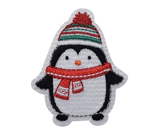 Christmas Penguin wearing Scarf and Beanie - Embroidered Iron on Patch