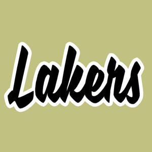 May include: Black and white text graphic with the word "Lakers" in a bold, stylized font.
